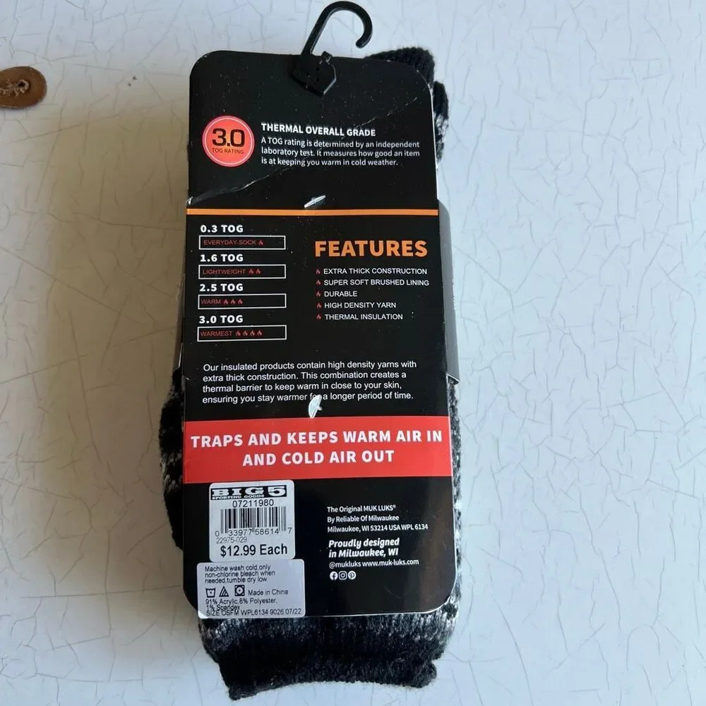 Men's HEAT RETAINERS by MUK LUKS 3.0 THERMAL SOCKS -Red Checker - Size 10-13 NWT
